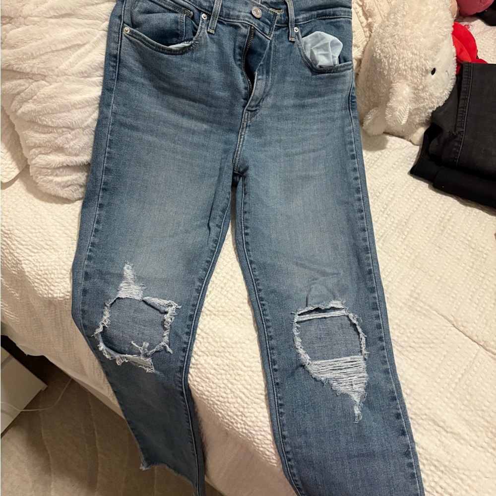 Levi's Distressed Straight Leg Jeans - Light Blue